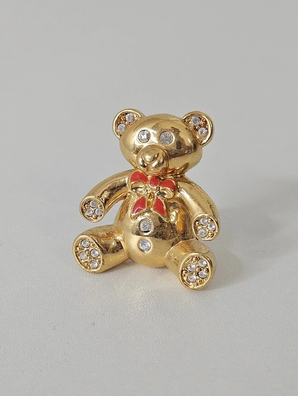 Monet Gold Tone Teddy Bear Red Bow Crystal Vintage Brooch Pin